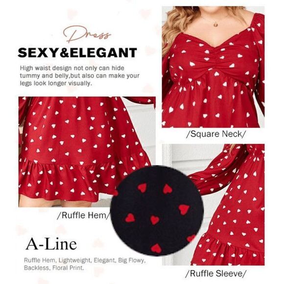 ❤ Plus Size Valentine’s Day Sweetheart Long Sleeve Heart Print Black Dress NWT - Picture 6 of 16